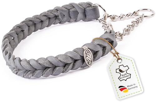 CopcoPet Fettleder Halsband 60–65cm x 25mm Grau – Geflochten mit Zugstopp-Kette – Robust & weich – Verchromte Kette – Lederhalsband für große Hunde, Training & Alltag