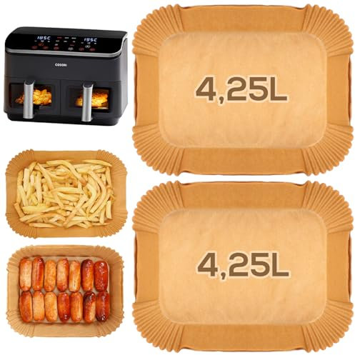 YQL Airfryer Backpapier für Cosori Heißluftfritteuse 2 Kammern Airfryer 8,5L, Air Fryer Zubehör für Cosori CAF-R901-AEU Doppel-Heißluftfritteuse/Cookwise Dual Zone 9L, 100 Stück Air Fryer Einsatz