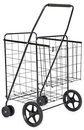 Trolley Einkaufstrolley Klappbar, Transport Trolley, bis 60 kg, 118 l Kiste, Jumbo-Einkaufswagen mit Doppelkörben, Allzweckwagen für Lebensmittel, Wäsche, Bücher, Schwarz