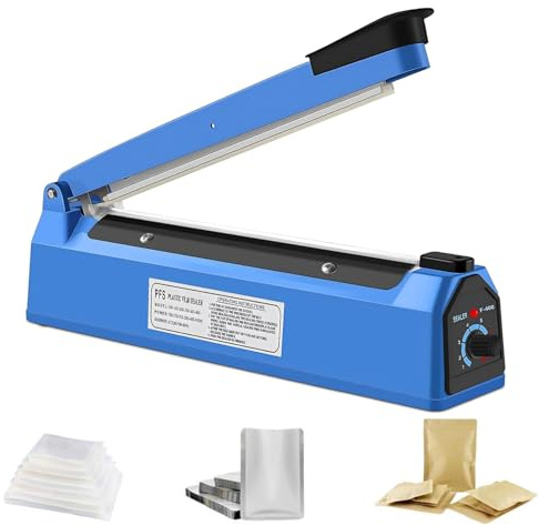 LUKVCIY Impulse Sealer Machine 200mm, Manual Heat Sealer for Plastic Bags | 8 Heat Settings, Fuse Safety, Replaceable Element for PE PP Food Packaging