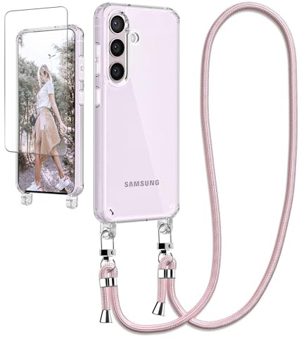 Ciciber Handykette Hülle für Samsung Galaxy A55 5G Handyhülle mit Band und Schutzfolie, Transparent Case mit Schnur zum Umhängen Kordel Necklace Hülle Schutzhülle für Samsung Galaxy A55, roségold