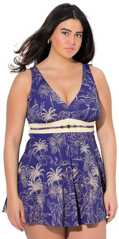 Ulla Popken Damen große Größen Übergrößen Plus Size Badekleid, Palmen, Softcups, recycelt, Powermesh Nachtblau 42 837526850-42