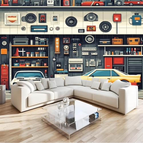 Fototapete Garage, Auto, Retro Vlies 3D Tapeten Moderne Wandtapete 200 x 140 cm Wohnzimmer Schlafzimmer Orange Farbe