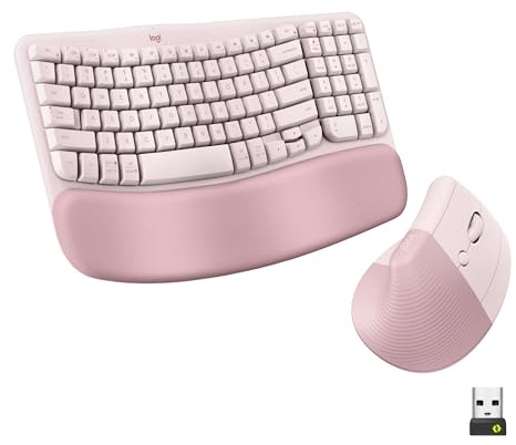 Logitech Wave Keys & Lift Vertical Mouse - Ergonomische kabellose Tastatur und Maus Combo - mit gepolsterter Handballenauflage, Easy-Switch, Bluetooth, für Multi-OS, Windows/Mac - Rose