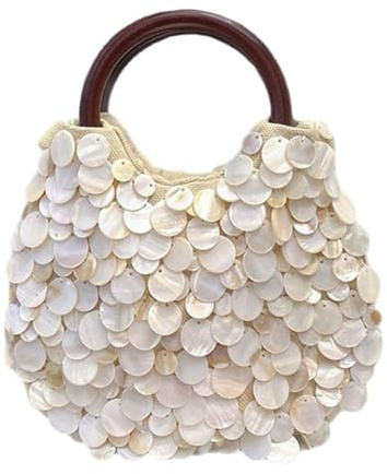 JIABAOZ Muschelperlen Geldbörse, Muschel Perlen Pailletten Tragetasche für Damen, Sommer Strand Tragetasche, Handgemachte Muschelperlen Pailletten Tasche mit Henkel (Small)