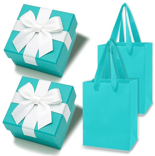 2 Stück Klein Geschenkbox mit Schleife, 7,5x7,5x3,5cm Geschenkkarton, Geschenkbox mit Deckel, mit 2 Geschenktüte für Ostern, Weihnachten, Hochzeit, Geburtstag, Hellblau
