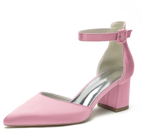 HFWXYSA Donna Décolleté Tacco Largo con Cinturino alla Caviglia in Raso Scarpe da Matrimonio Punta Chiusa Scarpe da Sposa,Rosa,38 EU