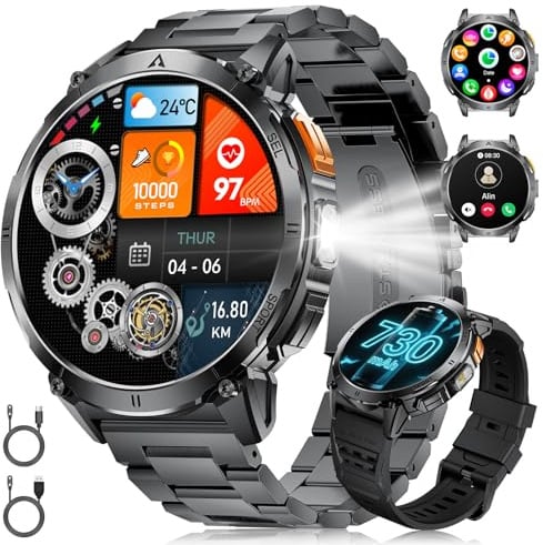 FITFLEX Smartwatch Herren 1,62''AMOLED Touchscreen mit Taschenlampe,120+Sportmodi,730 mAh Akku Sportuhr Herren,Fitnessuhr mit 24/7 Herzfrequenz,Schlafmonitor für Android iOS, Schwarz