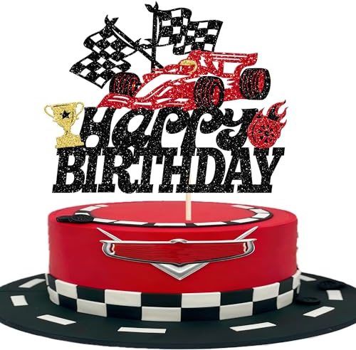 1 Stück Happy Birthday Cake Topper Glitzer Renn Auto Geburtstag Tortendeko Karierte Flagge Kuchen Deko für Rennen Thema Geburtstag Party Kuchen Dekorationen Schwarz Rot