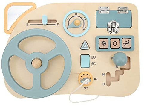 BSTCAR Baby Busy Board Montessori Steering Wheel Toy Interactive Wooden Dashboard Driving Toy Travel Activity for 1-6 Year Old Girls Boys
