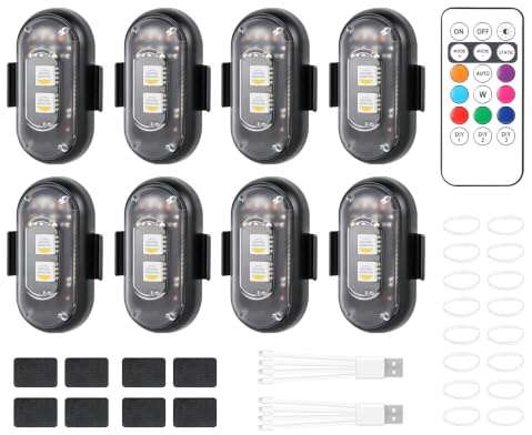 FENYW 8 Stück Kabellose LED Lichter, 8 Farben Wasserdicht Blitzlicht mit Fernbedienung, USB-Aufladung Antikollisionslichter, USB Aufladung Blitzleuchte für Motorrad, Drohne, Camping, Angeln