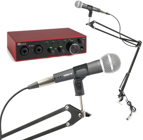 VONYX Podcast Microphone Setup with 2 Dynamic XLR Mics, 2 Desk Boom Arms and 2 Channel USB Audio Interface, Complete Podcast Kit for Recording Interviews, Streaming and Content Creation