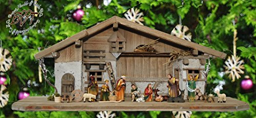 ÖLBAUM-Krippen aus Naturholz,XXL Holz-Krippenstall-Weihnachtskrippe, mit Premium-DEKOSET mit Krippen-Tieren Schafe und Ziegen, MASSIVHOLZ
