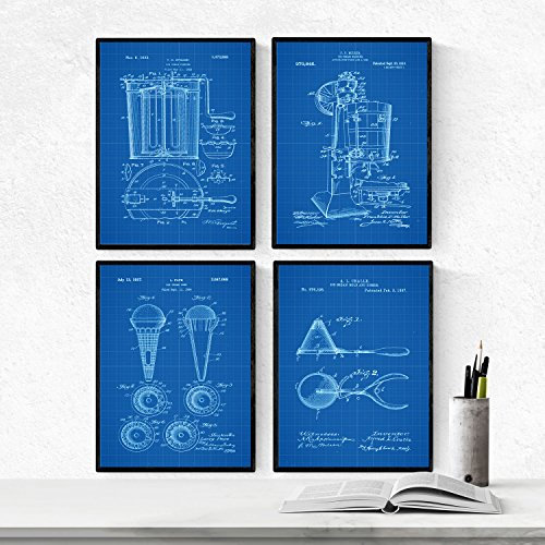 Nacnic Blau Eismaschine Patent Poster 4-er Set. Vintage Stil Wanddekoration Abbildung von Eis und gefrorene Desserts. Verschiedene geometrische Alte Erfindungen Bilder ohne Rahmen. Größe A4.
