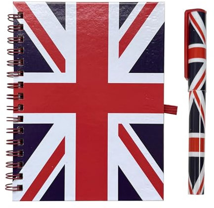 Lamberts Union Jack Notebook and Matching Pen - Medium A6 Size/London Souvenir Wirebound Notebook/British Flag Design Print/Distressed/UK Notepad