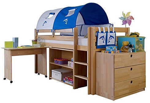 Halbhohes Spielbett Alex Buche massiv natur mit Beimöbel-Set und Textil-Set weiß/Delfin