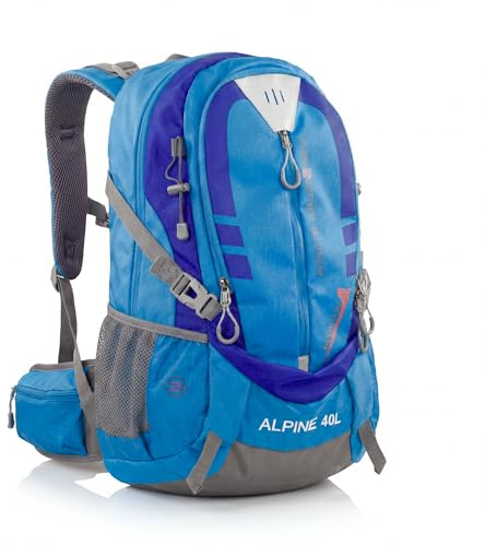 NOWI Trekkingrucksack praktischer moderner Outdoor Rucksack mit Regenhaube Brustgurt gepolsterte Schultergurte Schlaufen für Hiking Pole 40 Liter Volumen (Blue)