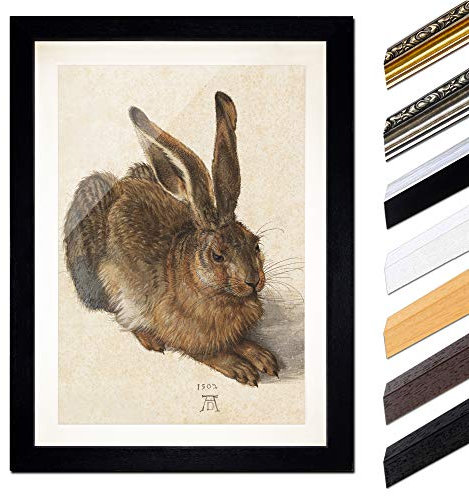 Bild mit Rahmen - Albrecht Dürer Feldhase 20x30 cm ca. A4 - Gerahmter Kunstdruck inkl. Galerie Passepartout Alte Meister - Rahmen schwarz