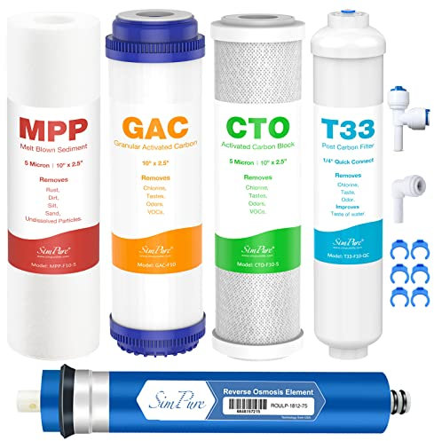 SimPure 5-stufiges Umkehrosmose-Ersatzfilter-Set mit 75 GPD RO-Membran, 5-teiliges Ersatzkartuschen-Set für Standard-Umkehrosmose-RO-Systeme