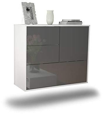 Dekati Sideboard Rancho Cucamonga hängend (92x77x35cm) Korpus Weiss matt - Front Hochglanz Grau - Push to Open