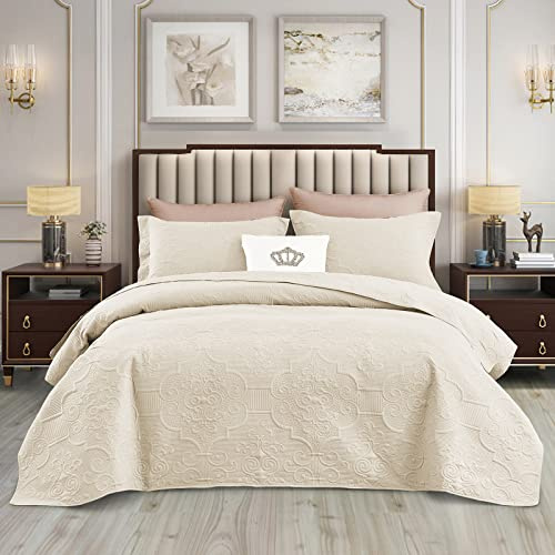 CHIXIN Tagesdecke 240x260 cm Bettüberwurf Steppdecke Patchwork Wendedesign Bettdecke Stepp Decke Doppelbett Palast Embossed Muster-Design (Kissenbezug Nicht Enthalten), Elfenbein