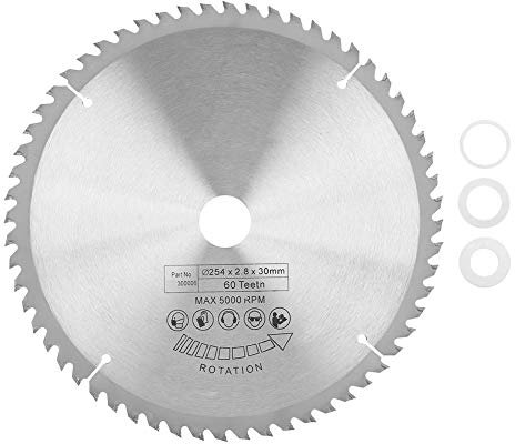 Lame de Scie, 60 les Dents 254 x 30 mm Lame de Scie Circulaire en Carbure d'Argent TCT Disque de Coupe avec 3 Pièces Rondelles pour Couper le Métal le Bois le Plastique