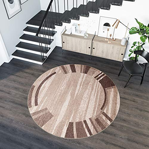 TAPISO Sari Teppich Rund Braun Beige Modern Streifen Bordüre Meliert Design Wohnzimmer Schlafzimmer ÖKOTEX 150 x 150 cm