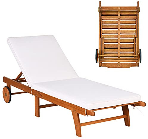 GOPLUS Sonnenliege klappbar, Gartenliege mit Verstellbarer Rücklehne, inkl. Auflage, Liegestuhl Holz, Klappliege mit Rollen, Relaxliege für Garten, Balkon und Terrasse, bis 160kg belastbar (1)
