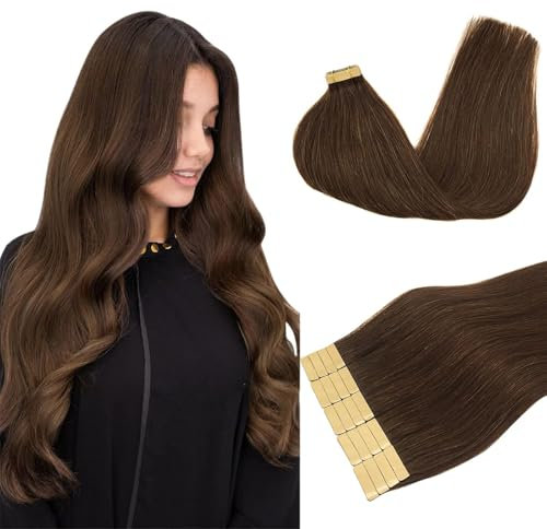 DOORES Haar Echthaar Gerade Remy Echthaar, Schokoladenbraun 45cm (18zoll) 50g 20pcs, Tape in Invisible Tape Hair Extensions Echthaar Gerade Haar Skin Weft