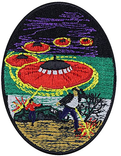 Aufnäher Alien Attacke Aufbügler UFO Patch Bügelbilder zum aufnähen/aufbügeln | Außerirdischer Conspiracy Applikation für Jacke/Weste/Jeans | 80x60mm