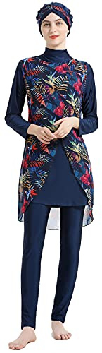 WOWDECOR Muslimska badkläder för kvinnor blommig blygsamhet baddräkt islamisk Hijab Burkini strandkläder tankini baddräkt, marinblå, 4XL