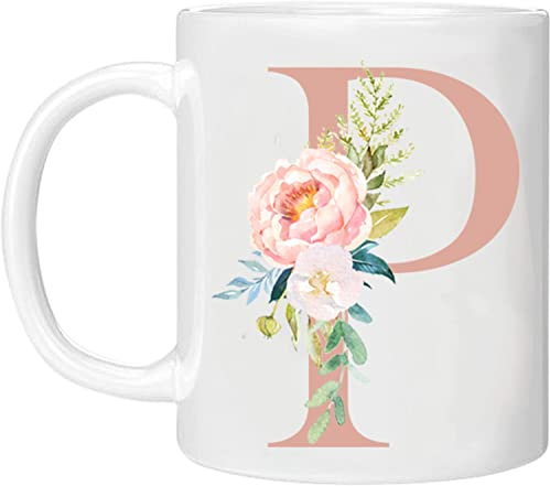MOBILE STUFF Personalised Floral Mug Letter P - Any Alphabet 11oz Ceramic Coffee/Tea Cup Gift for Christmas, Birthday, Secret Santa, Mother’s Day or Father’s Printed Glitter, (Rose P)