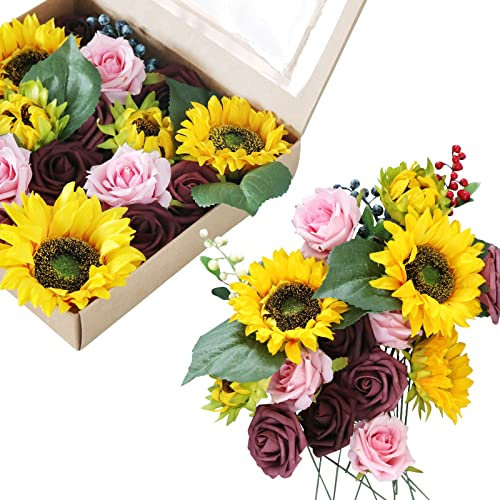 Fouriding Künstliche Blumen, Kunstblumen Gefälschte Rosen Combo DIY für Blumenarrangements, Blumensträuße, Hochzeitsdekoration,Zuhause Dekoration (Sonnenblume)