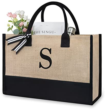 TOPDesign Initiale Jute-/Leinen-Tragetasche, personalisierte Geschenktasche, geeignet für Hochzeit, Geburtstag, Strand, Urlaub, Freunde, Brautjungfern (Buchstabe S)