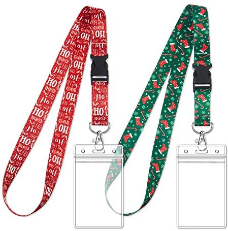 2 Sets Lanière Tour de Cou de Porte-Clés de Noël avec Porte-Carte d'Identité Sangles de Cou de Nouveauté avec Porte-Badge Transparent Étanche (Bas Rouge Vert)