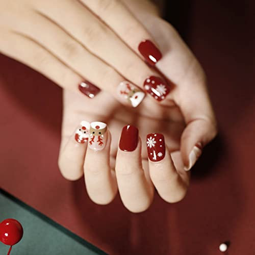 Bufenia Lot de 24 faux ongles de Noël à presser carrés courts et rouges à paillettes - Élan et flocon de neige - En acrylique brillant - Couvrance complète - Pour femmes et filles (C)