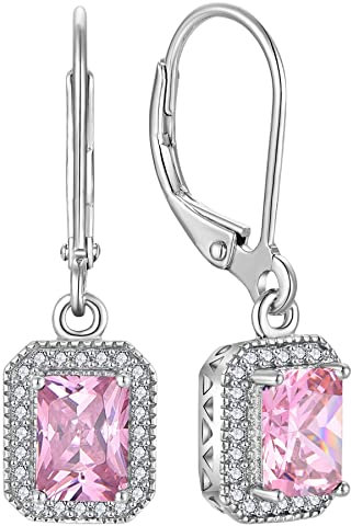 YL Damen Ohrhänger 925 Sterling Silber Oktober Geburtsstein Turmaline Rosa Quadrat Ohrringe