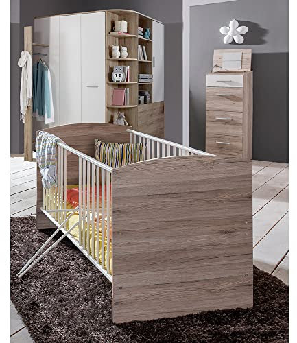 Lomadox Babyzimmer Set mit Eckkleiderschrank beleuchtet Hochkommode Gitterbett in Eiche Nb. mit weiß