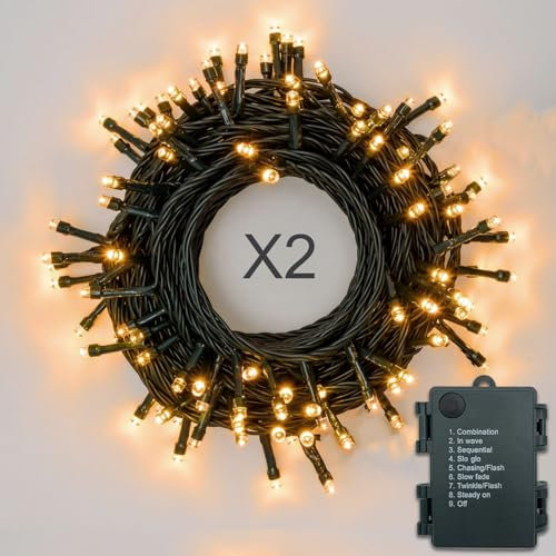 Hopelit Lichterkette Batterie 2stk 100LEDs 10m Warmweiß, Lichterkette Außen Mit Timer und 8 Modi, Led Lichterkette Weihnachtsbaum Batteriebetrieben Wasserdicht Für Garten, Partys