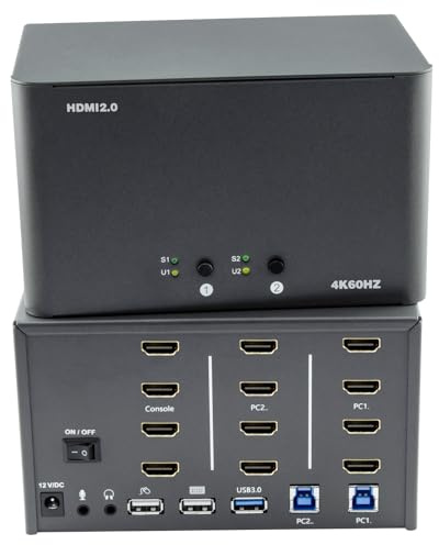 KVM Switch 4 Monitors 2 Computers, HDMI 4K@60Hz KVM Switch with USB3.0, 2 Computers Share One Set of Keyboard, Mouse and Monitors, Supports Windows/Mac/Linux (HM-KVM2-4)