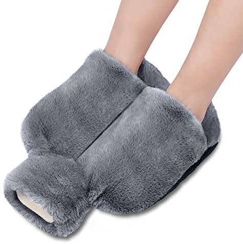 mizikuu Chauffe Pied, 2L Bouillotte Pieds non électrique, 2 en 1 Bouillottes Peluche Chauffe-pieds Flanelle Supersoft pour Femmes Hommes Personnes âgées Hiver Famille Salon Bureau, 38 * 32 CM, Gris