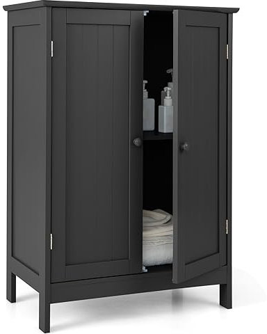CASART Bathroom Floor Cabinet, Freestanding Storage Cupboard, Double Door Wooden Storage Organizer Unit for Bathroom Living Room Bedroom (Black)