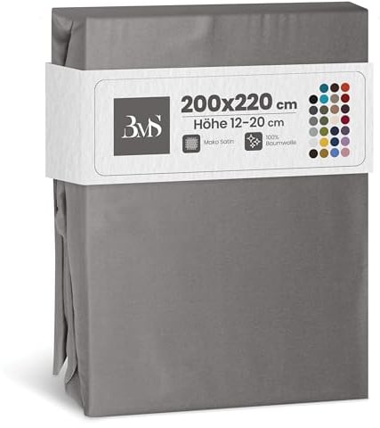 Bettwaesche-mit-Stil Mako Satin Spannbettlaken Spannlaken Spannbetttuch (200 cm x 220 cm, Matratzenhhöhe 12-20cm, dunkelgrau)
