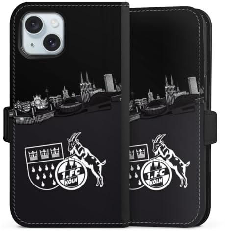 Klapphülle kompatibel mit Apple iPhone 15 Handyhülle aus Kunst Leder schwarz Flip Case 1. FC Köln Skyline Offizielles Lizenzprodukt