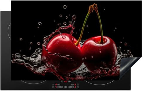 KitchenYeah© Herdabdeckplatte Einteilig Küche Herdabdeckung Induktionsfeld Ceranfeld Herdabdeckplatten Vinyl Matte Aufrollbar Kirschen - Rot - Frucht - Wasser - Schwarz - 85x52 cm