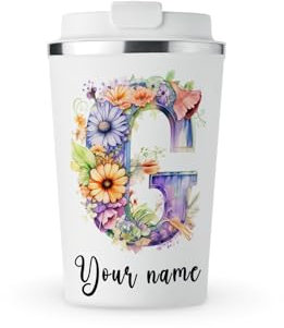 MAXIKIWI - Personalised Insulated Double Walled, Leakproof Stainless Steel Mug, Coffee or Tea Travel Tumbler with Lid, Keep Drinks Hot and Cold - Flower Alphabet Watercolor - 350ml