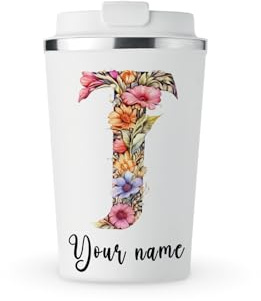 MAXIKIWI - Personalised Insulated Double Walled, Leakproof Stainless Steel Mug, Coffee or Tea Travel Tumbler with Lid, Keep Drinks Hot and Cold - Flower Alphabet Watercolor - 350ml