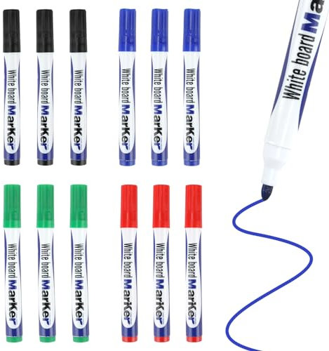 12 Pcs Whiteboard Pens, Whiteboard Markers in 4 Colors, Dry Erase Low Odor Easy Wipe Erasable Markers for Whiteboards Glass & Mirrors, Perfect for Office School Supplies (Black Blue Red Green)
