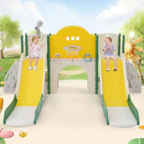 8 in 1 Kinderrutsche Indoor und Outdoor für ab 1-6 Jahr, Kinder Spielplatz mit 2 Rutsche, Klettern, Bohrspiel, Stauraum, Spielkorridor, Basketballkorb, Lasso Spiel, Teleskop (Grün)