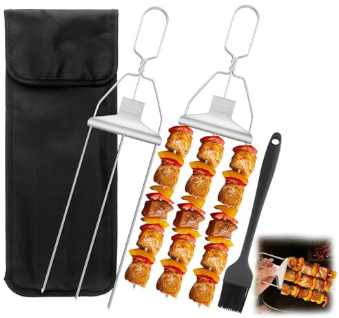 2PCS 3 Way Grill Skewers, BBQ Skewers with Brush and Storage Bag 3-Prong BBQ Skewer Stainless Steel Easy to Use Push Bar Slider Kabob Skewers for Outdoor Grill Meat/Chicken/Sausages/Veggies